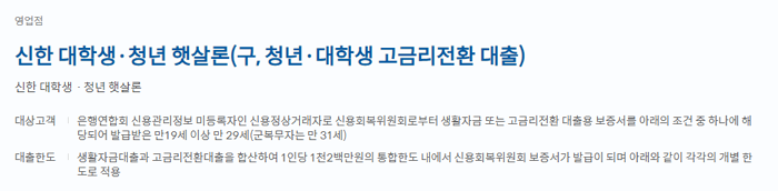 정부지원 신한은행 서민대출 햇살론유스 청년 신용대출 자격, 금리, 상환